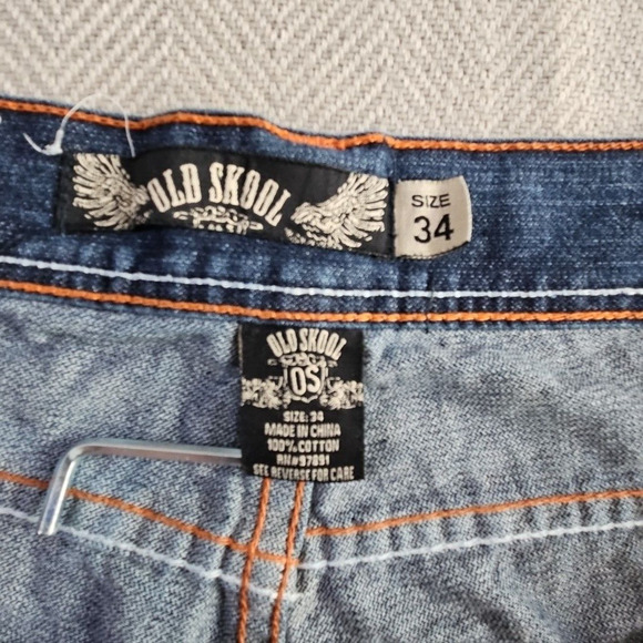 Old Skool Jeans Men's Size 34x30 Wide Leg Denim Pants Y2K Embroidered Pockets - Picture 9 of 16